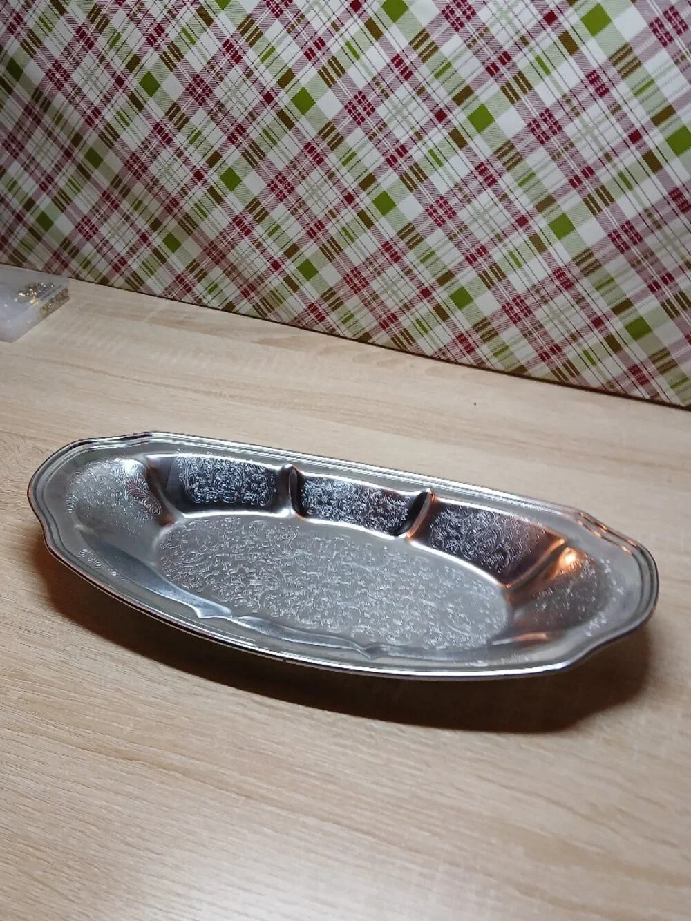 Vintage Antique Silver Tone Metal Platter Etched Floral Design